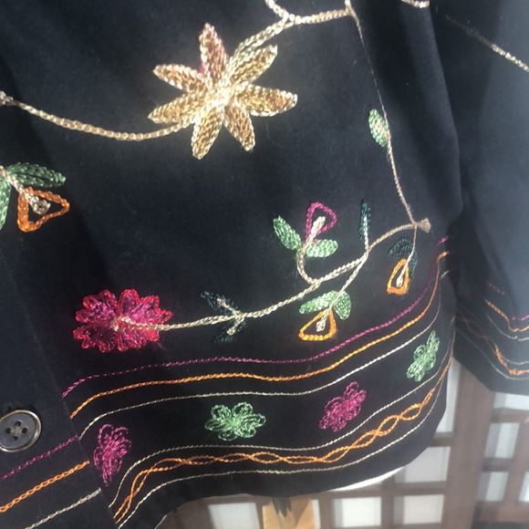 Denim & Co. embroidered black jacket/ large/ cotton, orange, green, red, yellow - Picture 3 of 11